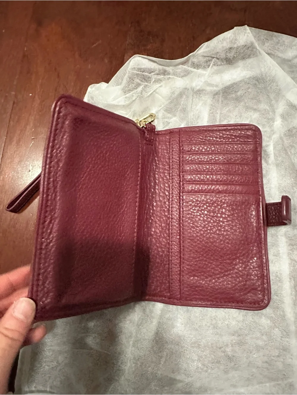 Tory Burch Pebbled Leather Wristlet in Deep Burgundy with Gold Logo